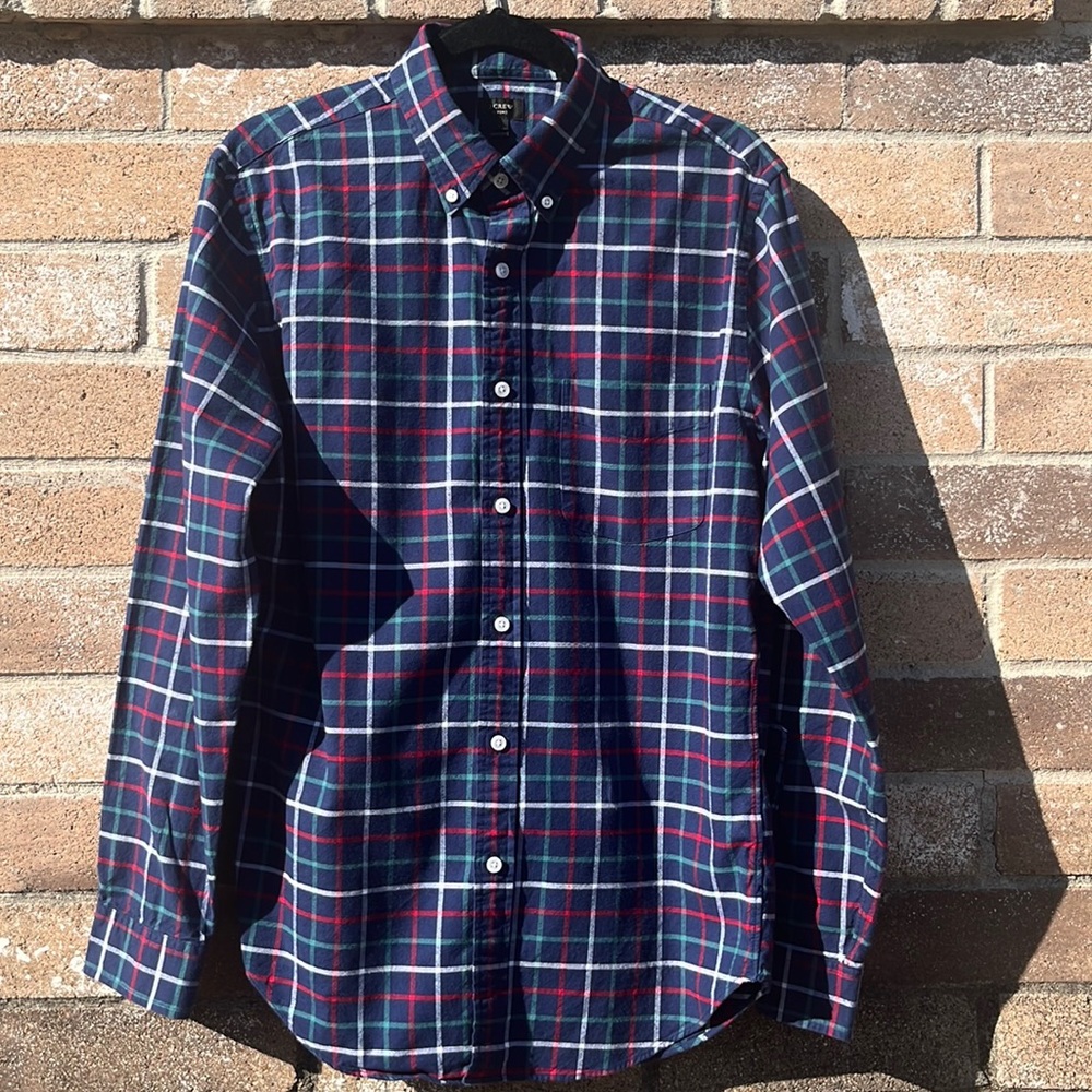 J. Crew Oxford Blue with red, white, and light green crosshatched pattern